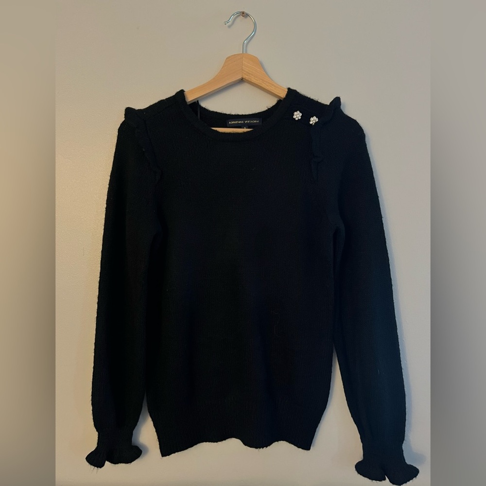 Adrienne Vittadini Black Sweater with rhinestone flower detail